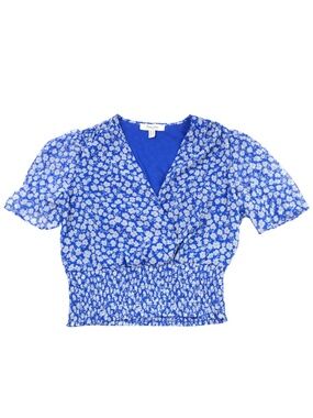 Haver & Blair Blue Floral Crop Top Small Smocked Waist Wrap Blouse Cute